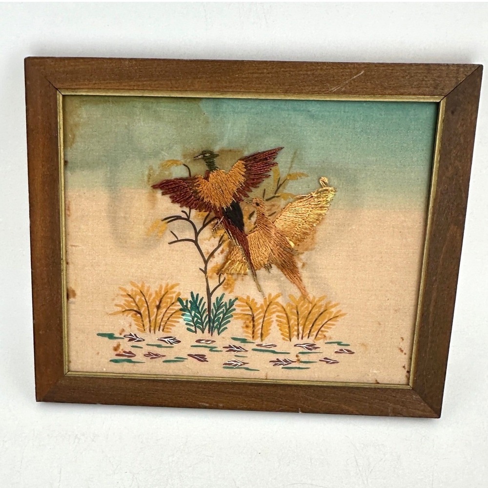 Vintage Enesco Japan Silk Embroidery Pheasant Bird Art Framed Mid Century 15533